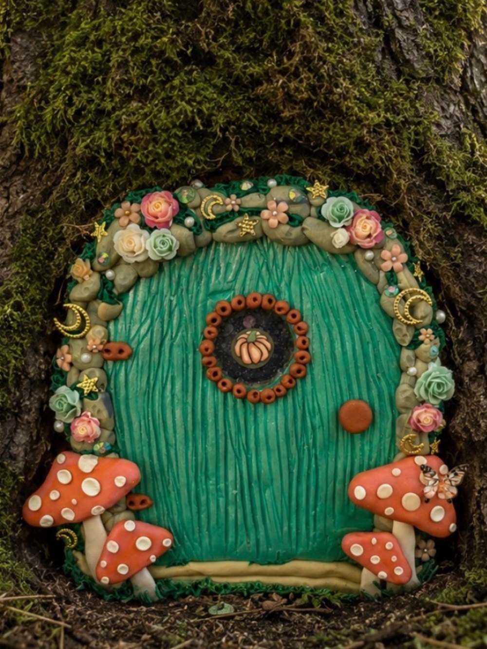 Whimsical green Fairy Door with Mushroom Accents indoor outdoor Nursery/ Garden